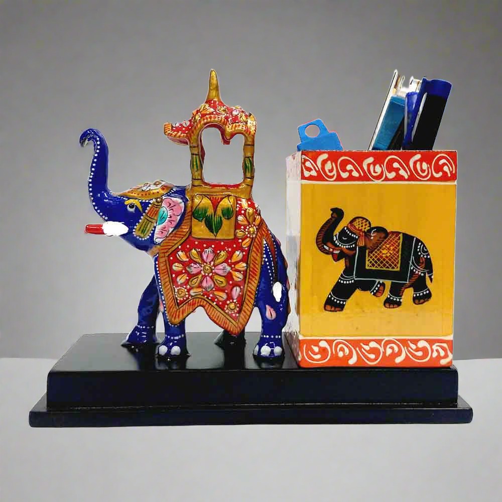 A royal Ambabari elephant pen stand, crafted with intricate details and ideal as a gift.