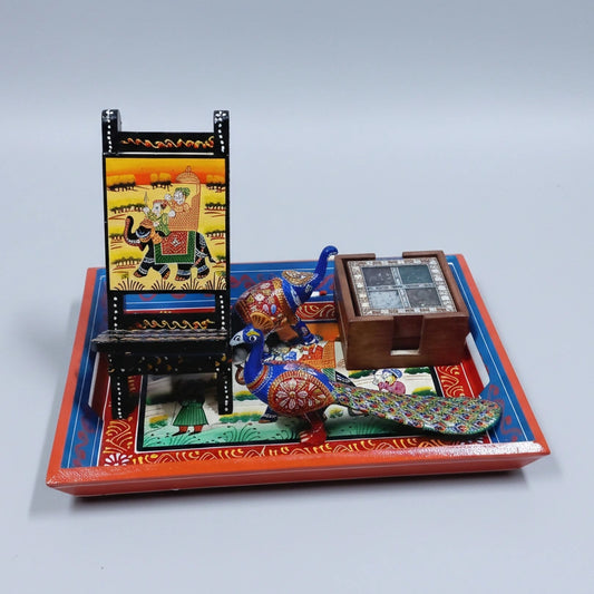 Full Rajasthani corporate gift set featuring a hand-painted wooden tray, mobile stand, gemstone coasters, and Meenakari idols.