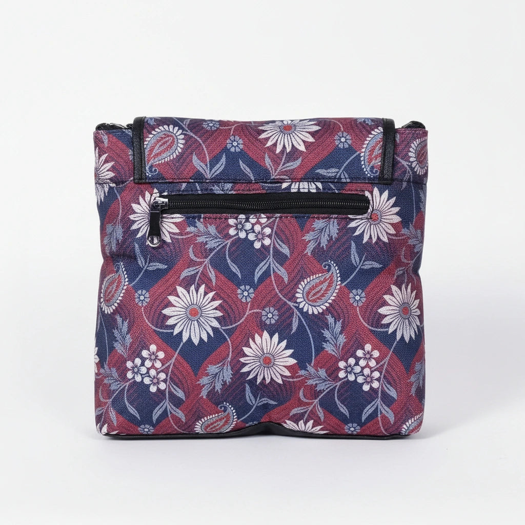 Rear view of the floral sling bag highlighting the secure back side zipper pocket