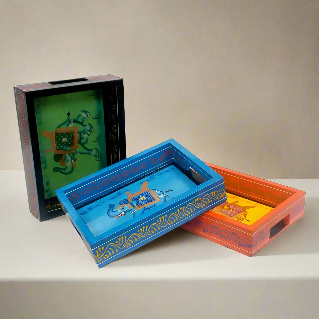 Assorted hand-painted wooden tray for serving and decor