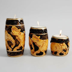 Set of 3 wooden elephant candle holders featuring a 2-tone natural wood and brown painting finish.