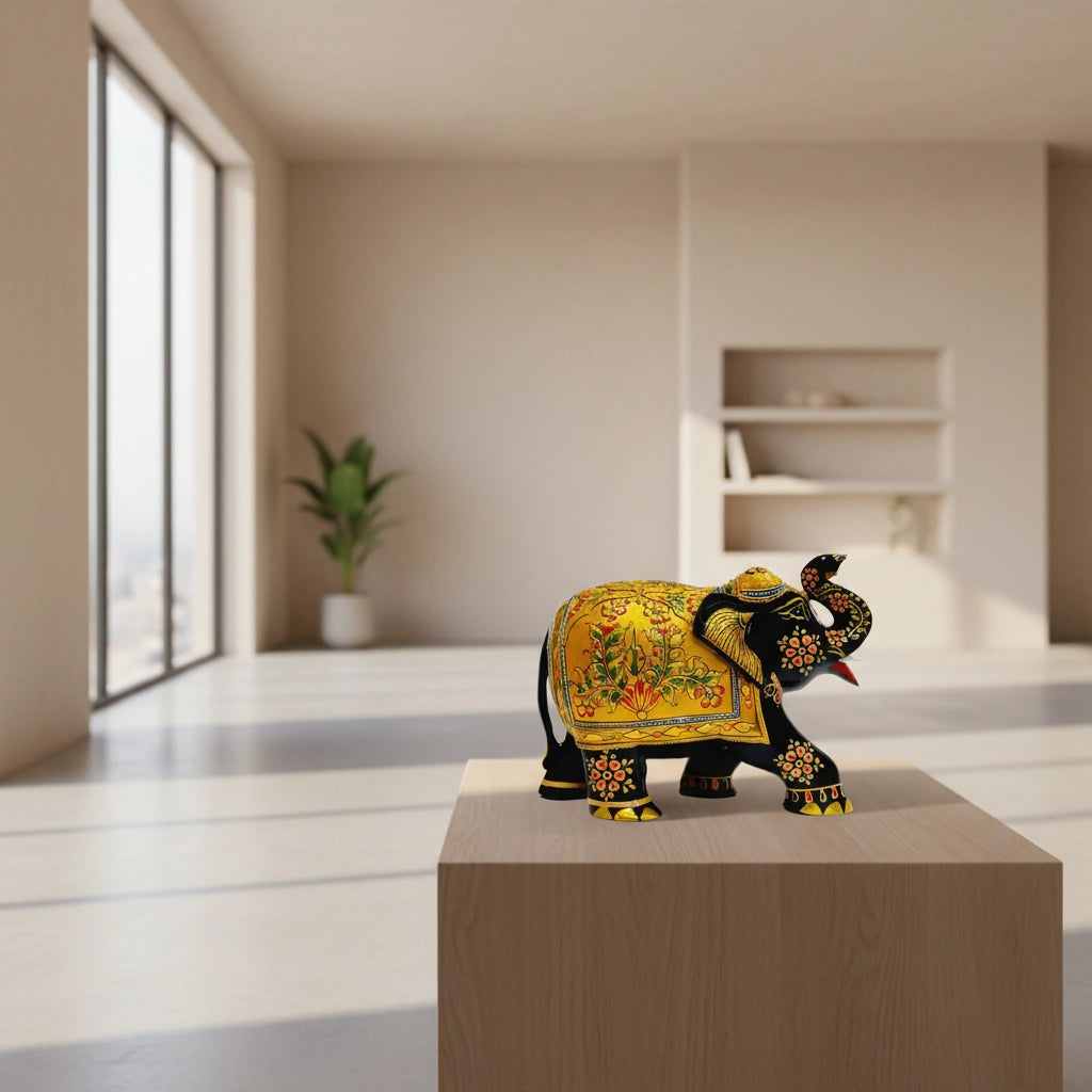 Side angle of 8x6x3 inch premium black gold wooden salute elephant statue