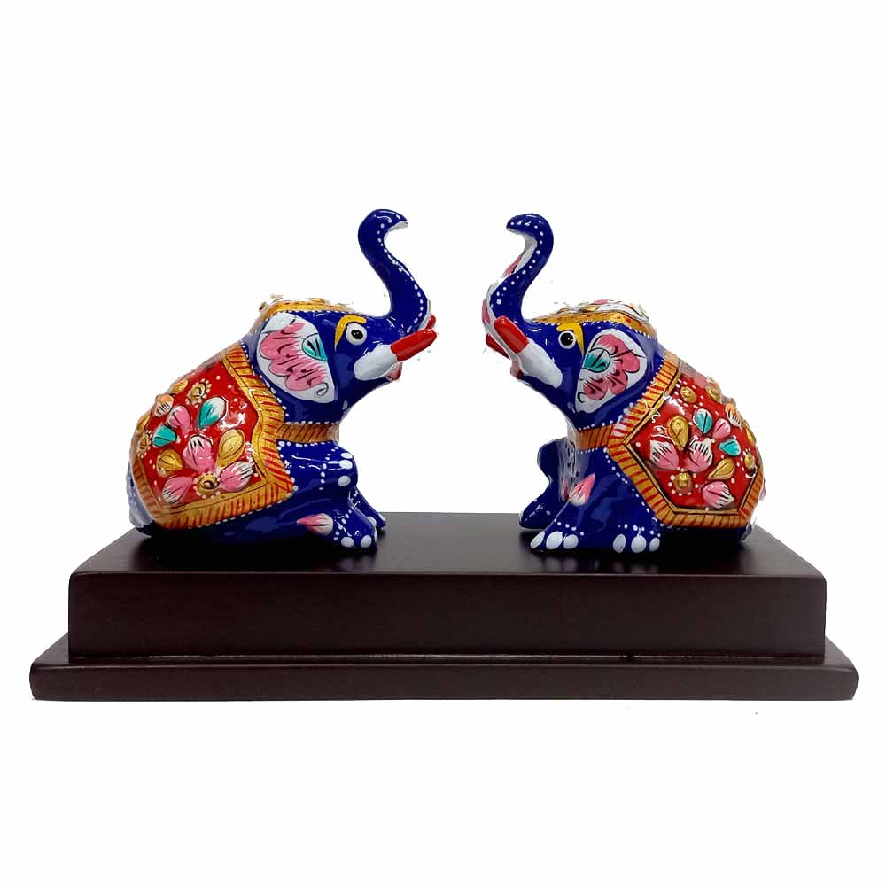 Meenakari Sitting Elephant Statue – Hand-Painted Metal Figurine on Wooden Base