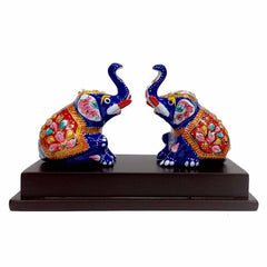 Meenakari Sitting Elephant Statue – Hand-Painted Metal Figurine on Wooden Base