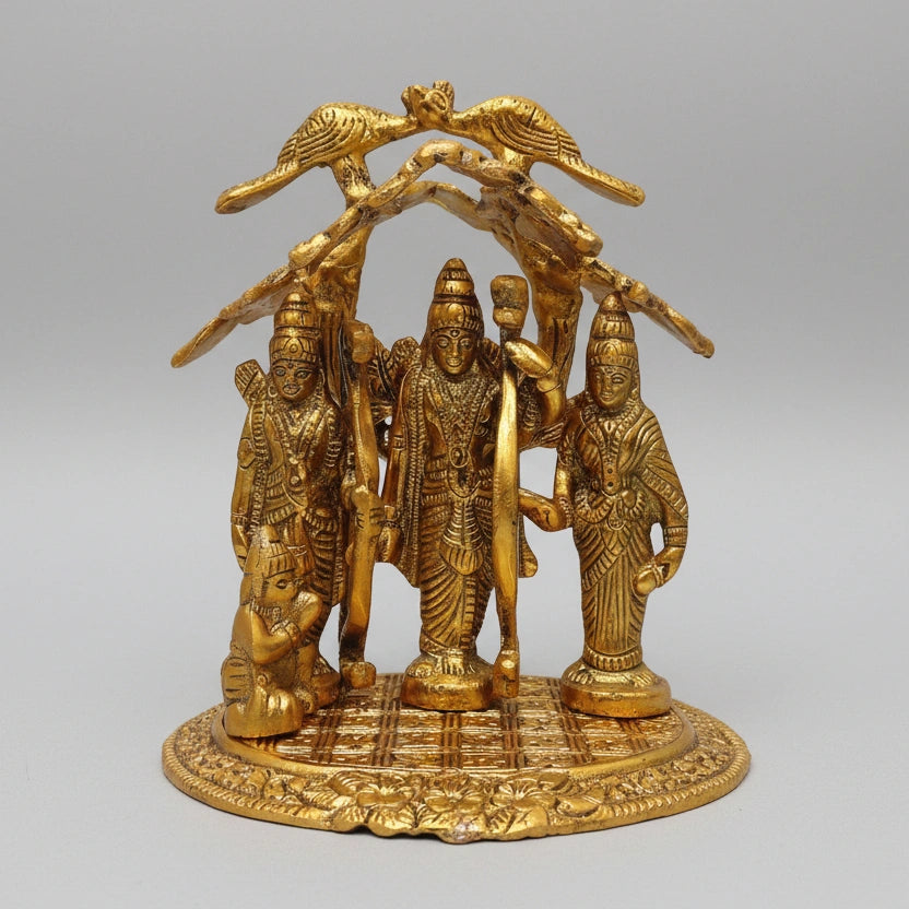 Handcrafted Standing Ram Darbar Statue in metal, front view showing Lord Rama, Sita, Lakshman and Hanuman – 18cm tall Hindu idol for home temple decor.