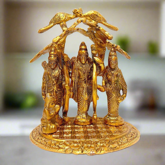 A standing Ram Darbar statue, depicting Lord Rama, Sita, Lakshmana, and Hanuman.