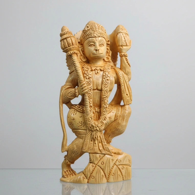 Hand-carved standing wooden Hanuman idol with Gada for home pooja mandir.