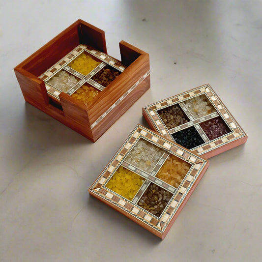 Teak wood tea coaster set decorated with colorful stone inlay