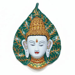 Handcrafted Tibetan Buddha metal wall decor with glossy meenakari enamel on leaf design, 30x22cm spiritual art from Jaipur.