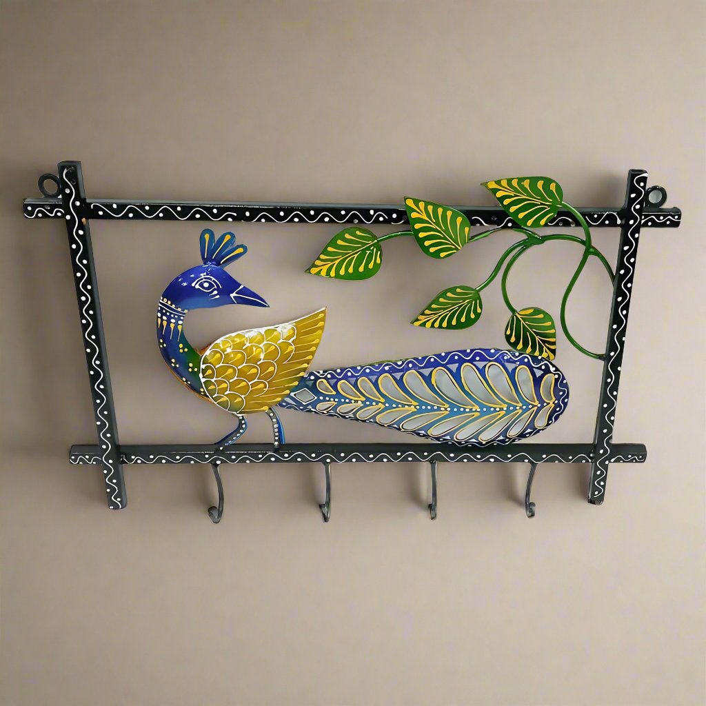 olorful Iron Key Holder with Peacock Motif – Home Decor and Key Organizer Set