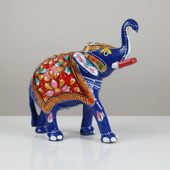 Traditional Jaipuri Meenakari metal elephant statue with vibrant multicolor hand-painted back cushion.