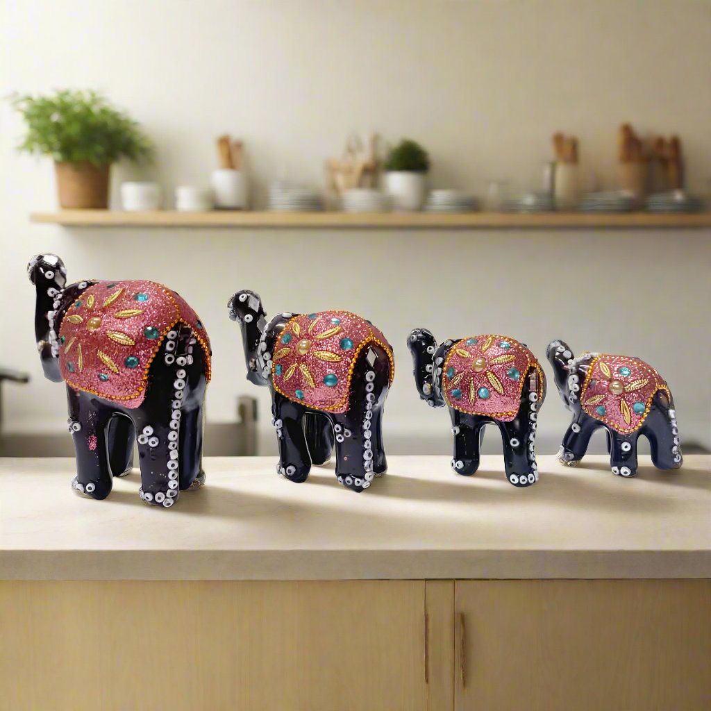 Artisan-made multicolor Lac Elephant set, handcrafted collectible showpieces