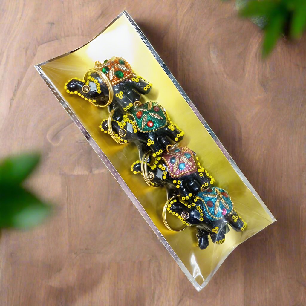 Colorful elephant keychain set crafted from lac, ideal for daily use or gifting