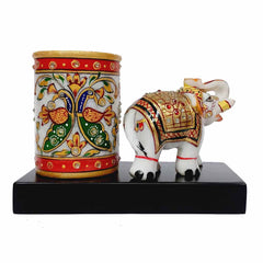 Marble Pen Organizer with Cultural Elephant Design – Durable and Stylish Desk Decor