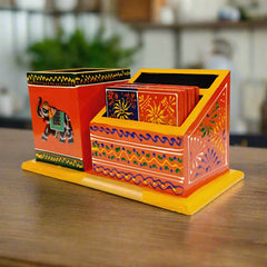 Functional and decorative wooden desk organizer with pen and mobile slots