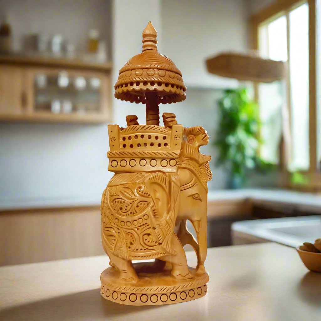 Traditional wooden elephant statue with howdah design for decoration
