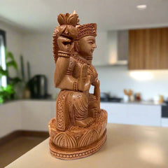Artisan-crafted wooden Lakshmi statue, Hindu goddess figurine for devotion