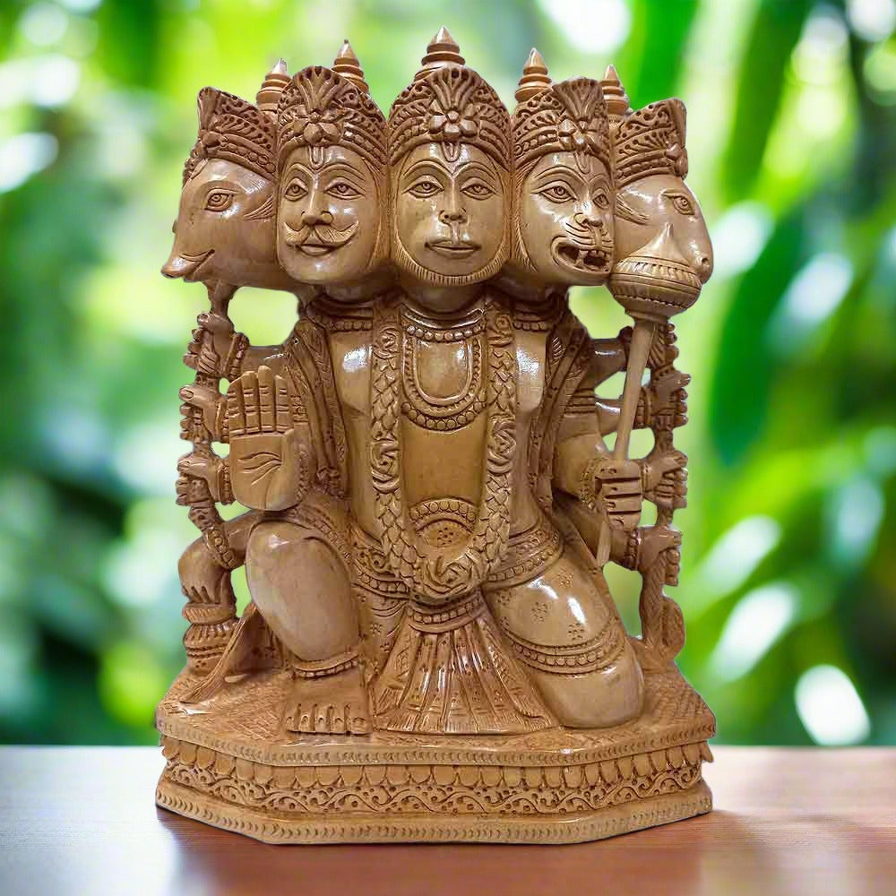 Handmade wooden Panchmukhi Hanuman statue for temples, home, or workplace