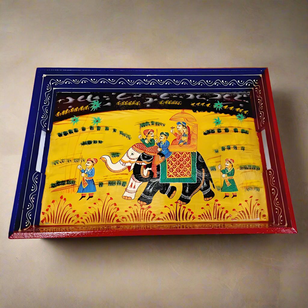 Artisan-crafted multicolor wooden serving tray for food and drinks