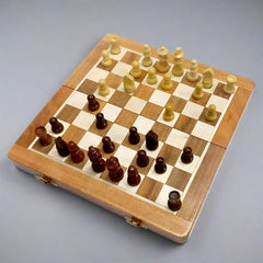 Durable magnetic chess set made of high-quality wood for long-lasting gaming sessions.