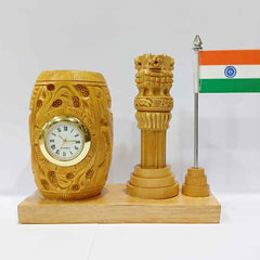 A tri-color Indian flag pen holder with a clock, a thoughtful and patriotic gift.