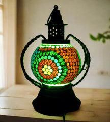A Turkish-style mosaic table lamp featuring a handcrafted design and multi-colored lights.