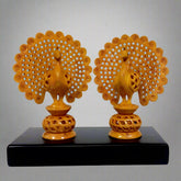 Handcrafted wooden two dancing peacocks statue on platform – exotic home decor