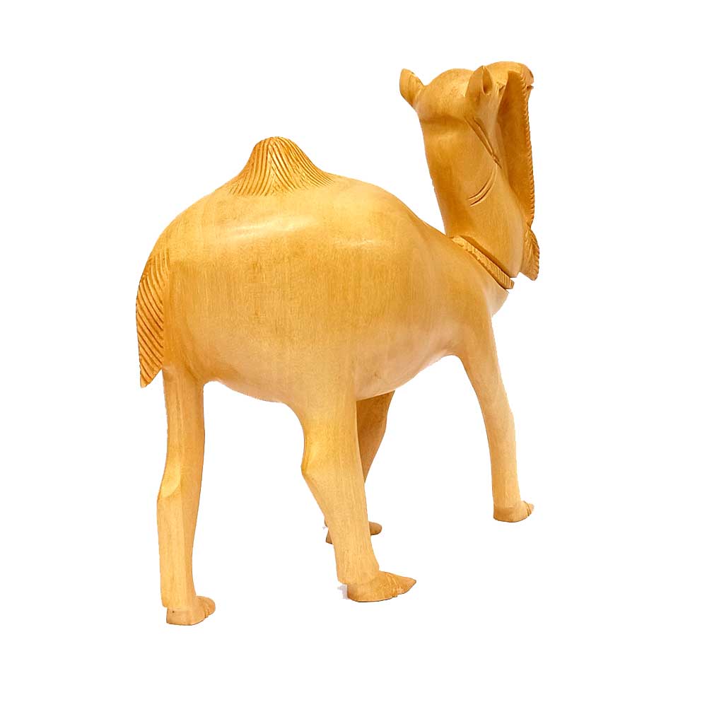 A unique camel sculpture crafted from a single piece of wood.
