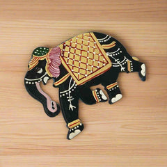Vibrant wooden elephant magnet for fridge, handmade Indian handicraft