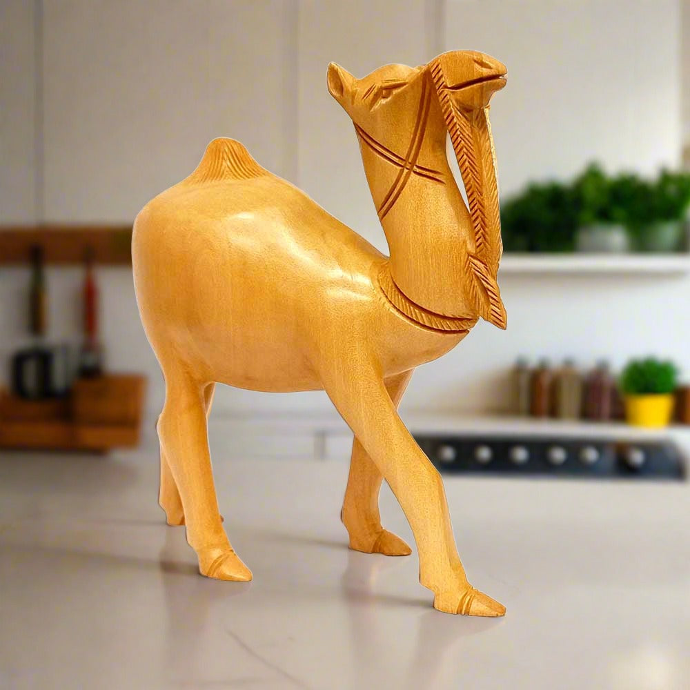 A well-made wooden camel figurine with an amazing and detailed shape.