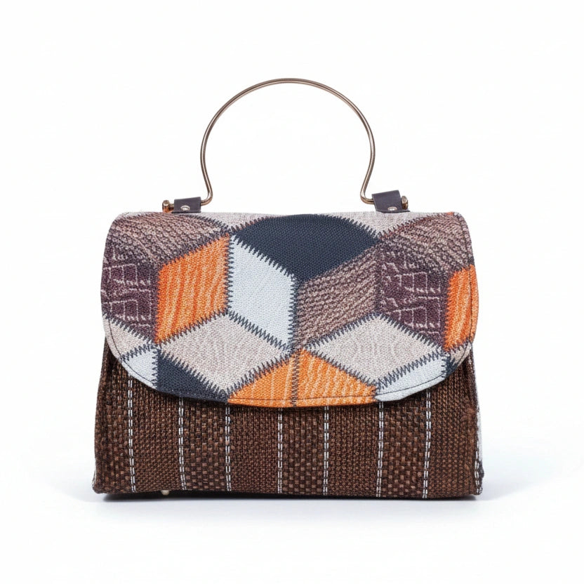 Women's textured woven sling bag in high quality fabric with golden handle