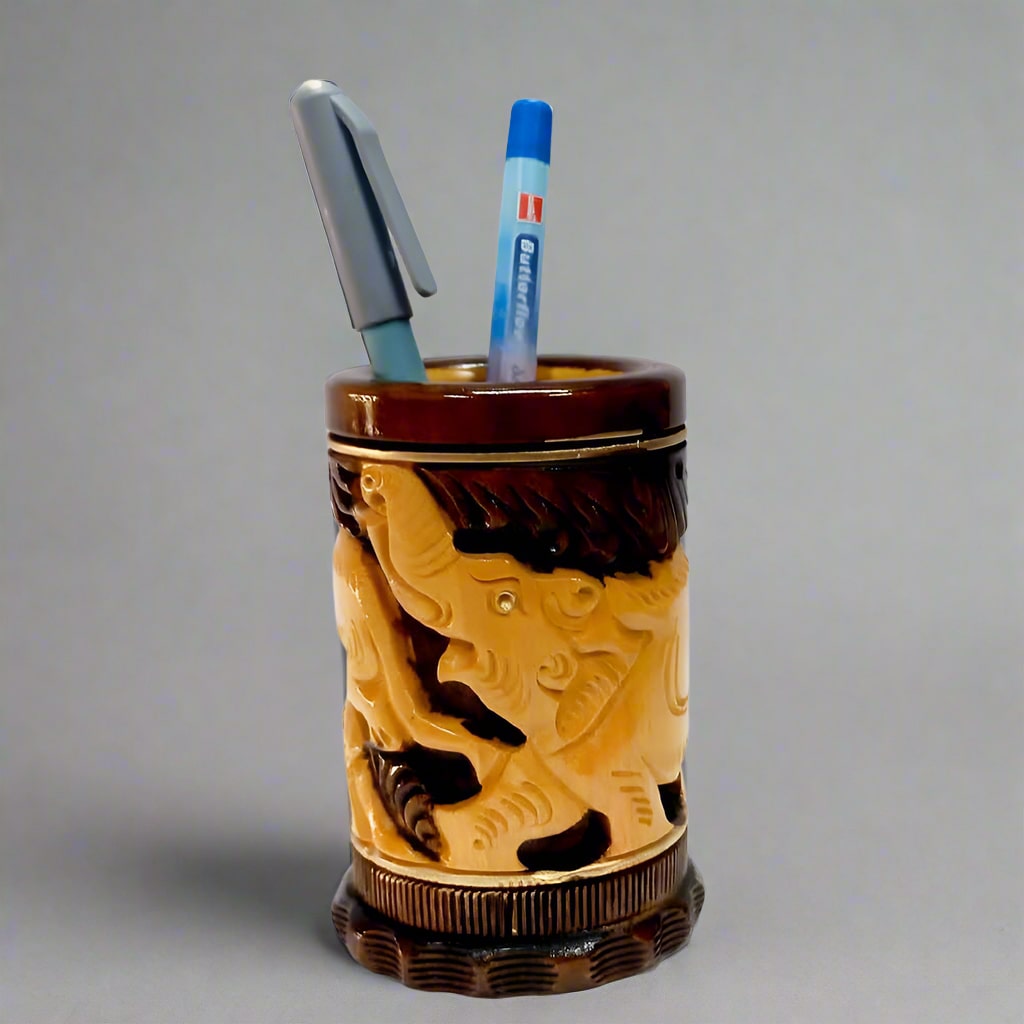 Round wooden pen stand with hand-carved animal figures