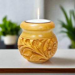Hand-carved wooden pot-shaped tea light candle holder for home decor