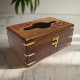 Handcrafted wooden tissue box with intricate carving design