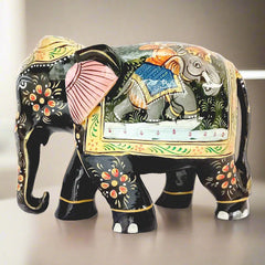 Wood elephant with low trunk, painted black with detailed Mughal artwork, handmade and classic design