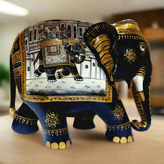 Large Wooden Elephant with Miniature Painting