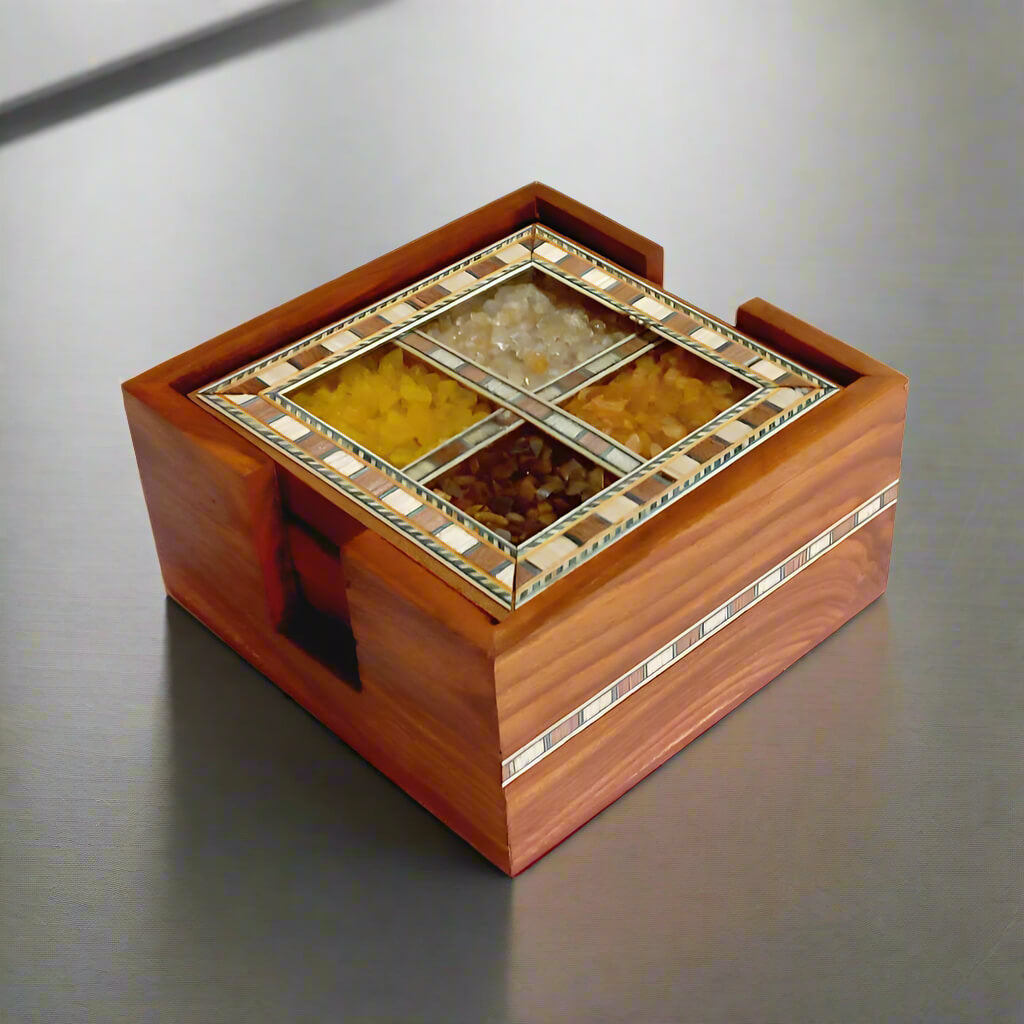 Wooden coaster set with 4 coasters and matching holder