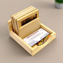 Wooden coaster set with visiting card holder featuring traditional gemstone painting