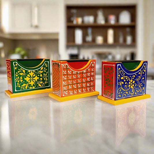 Hand-painted wooden decorative tea coaster set with vibrant colors