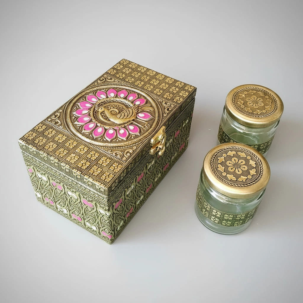 Wooden dry fruit box peacock design two glass jars