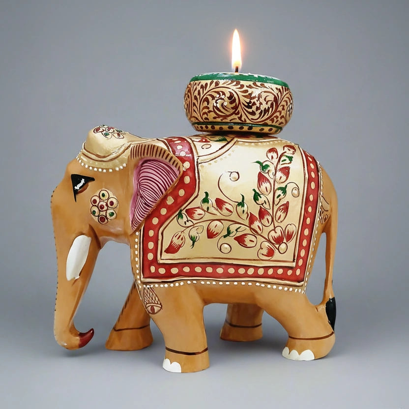 Wooden elephant tea light candle holder with exquisite hand-painted floral emboss work.