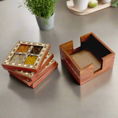 Wooden gemstone coasters with matching holder handcrafted for tables