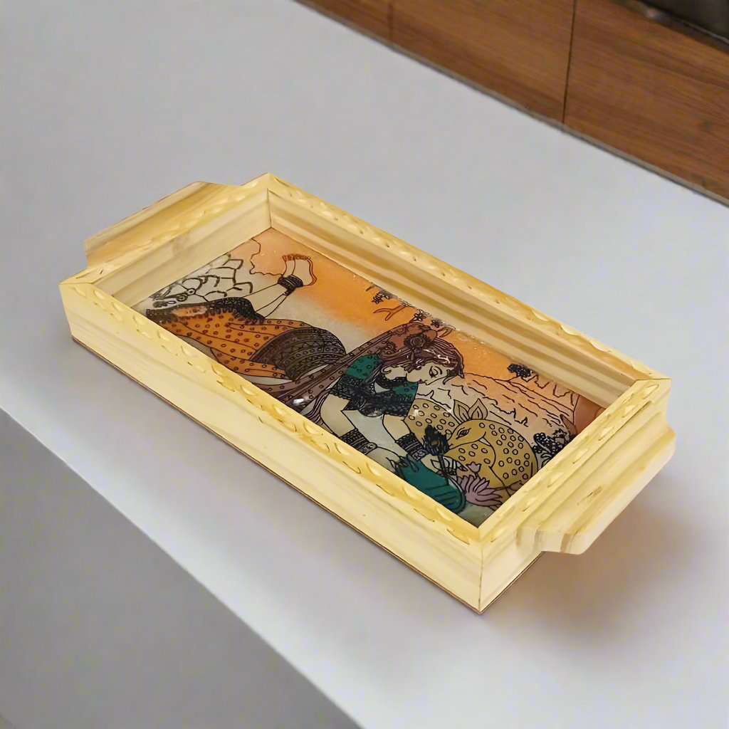 Handcrafted wooden serving tray with gemstone painting design
