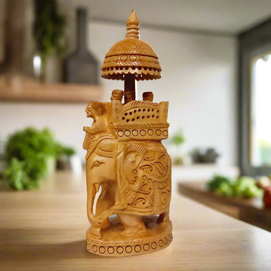 Handcrafted wooden howdah ambabari elephant idol with intricate detailing