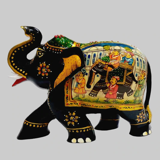 Wooden miniature painting elephant statue with fine Mughal artwork, handmade in Jaipur