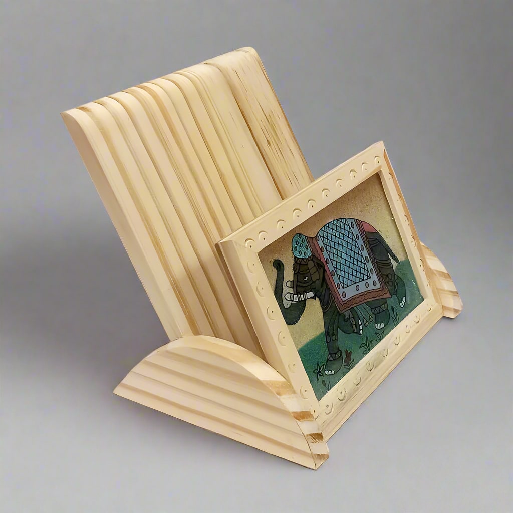 Artistic pine wood phone stand with hand-painted gemstone detailing