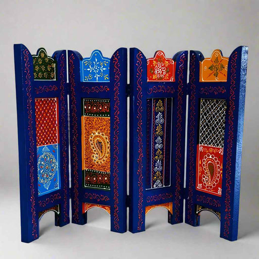 Handcrafted wooden partition with vibrant floral hand painting and embossed detailing, ideal for tabletop decor.