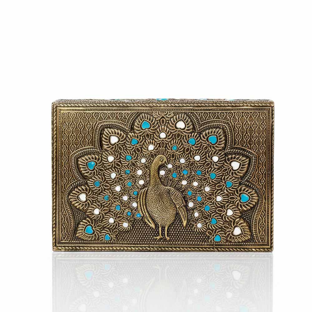 Front view of 6x4 inch wooden peacock design jewelry box in golden oxidized finish