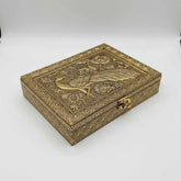 Wooden peacock dry fruit box with embossed golden floral metal sheet design