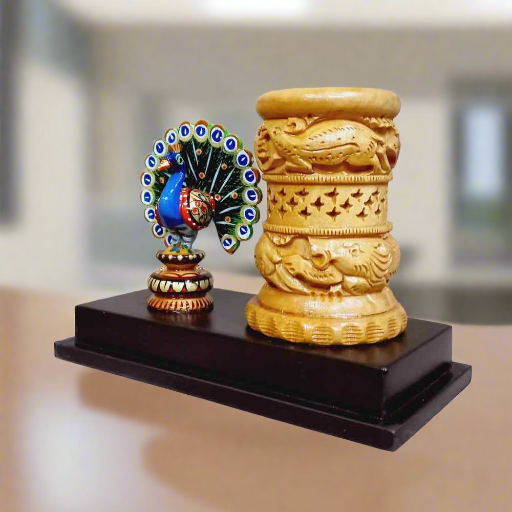 Unique dancing peacock figurine pen stand, hand-painted wooden stationery holder
